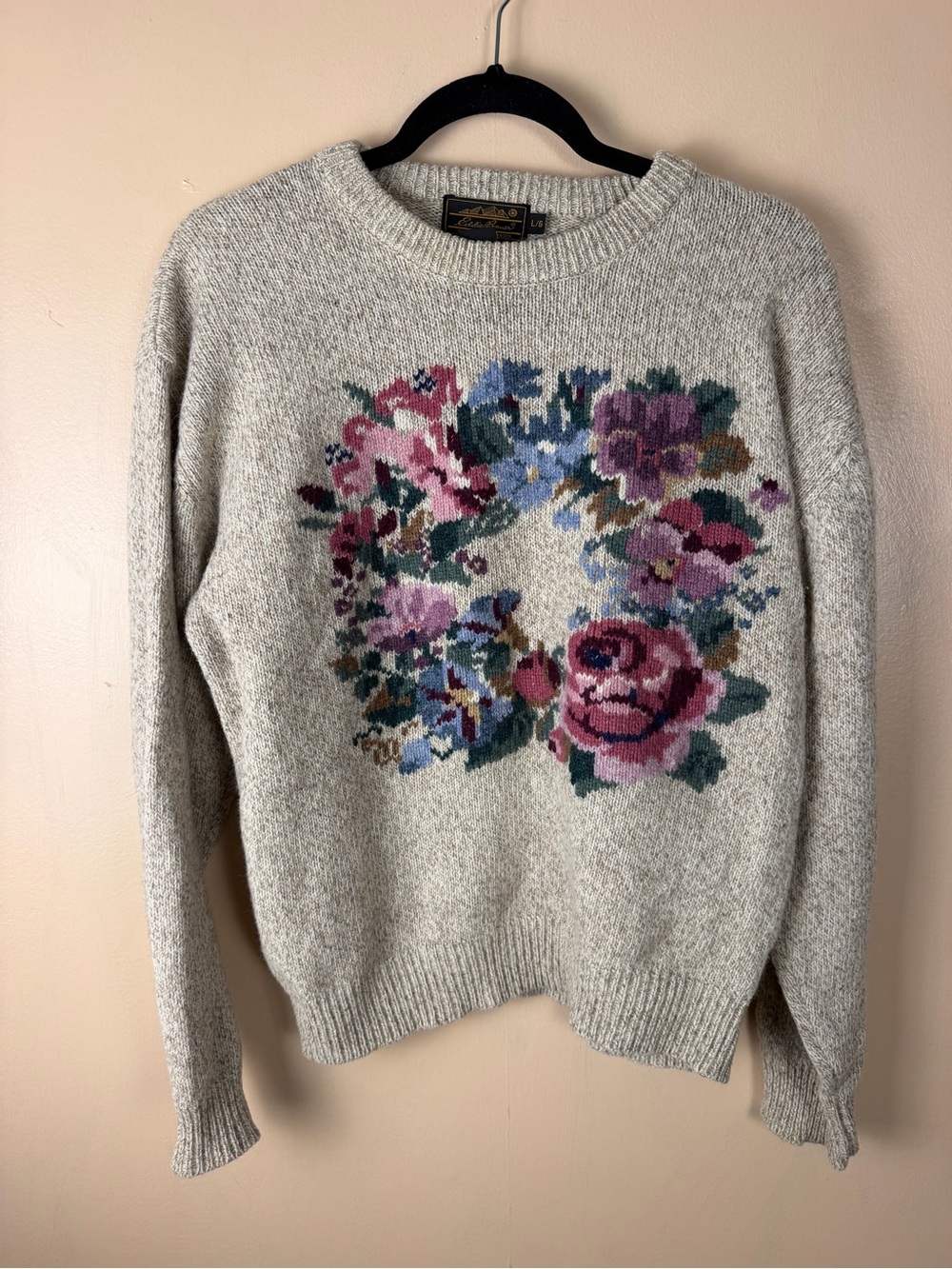 Eddie Bauer vintage 90s wool Crewneck Sweater - Beige with Pink & Green Floral